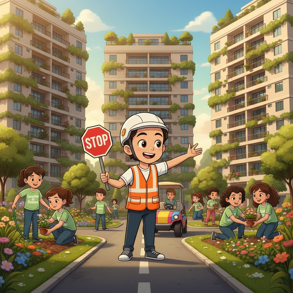a_cartoon_character___subject_1___dressed_as_a_junior_traffic_guard__directing_traffic_in_a_condomin.png
